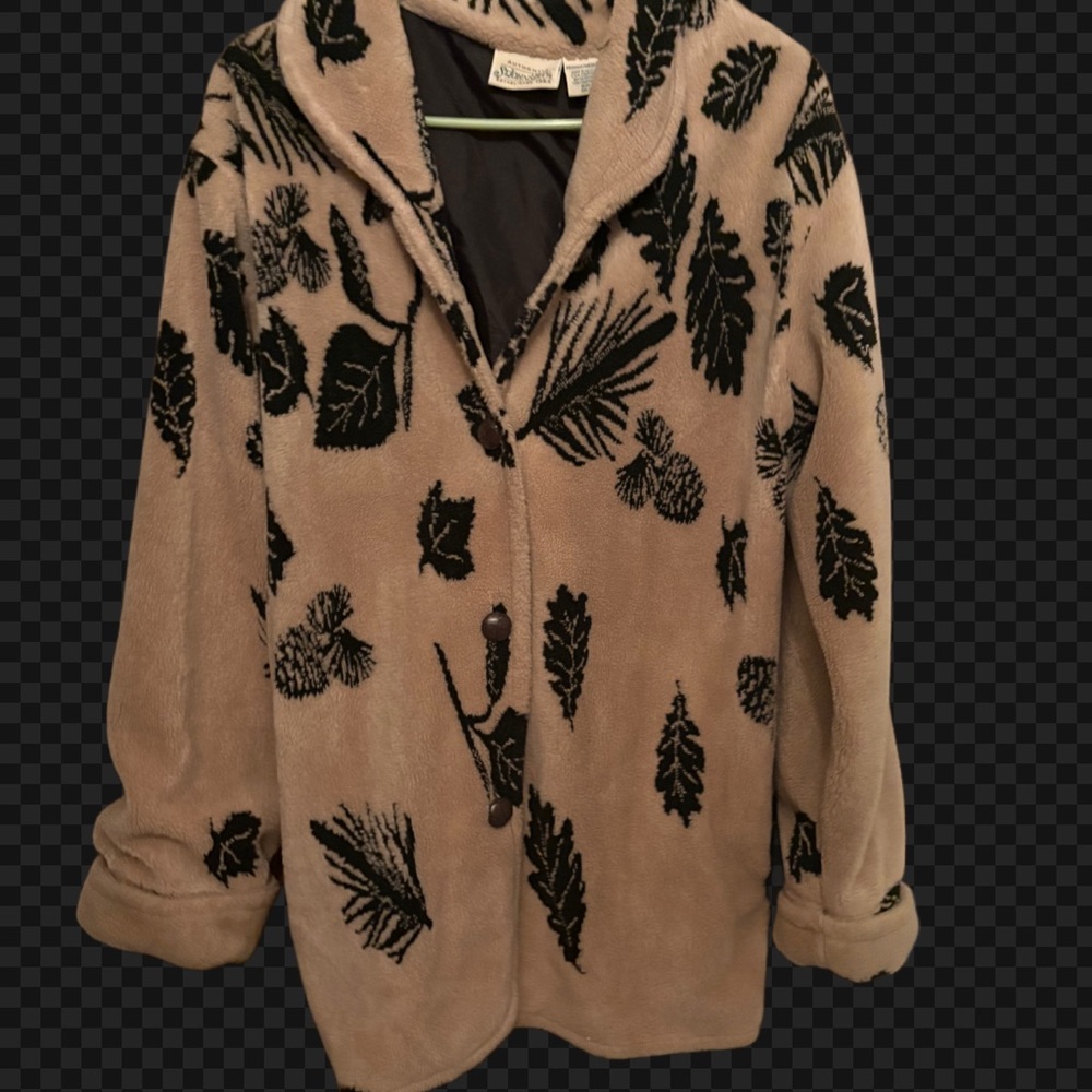 St. John's Bay Tan Teddy Jacket with Black Leaf Design